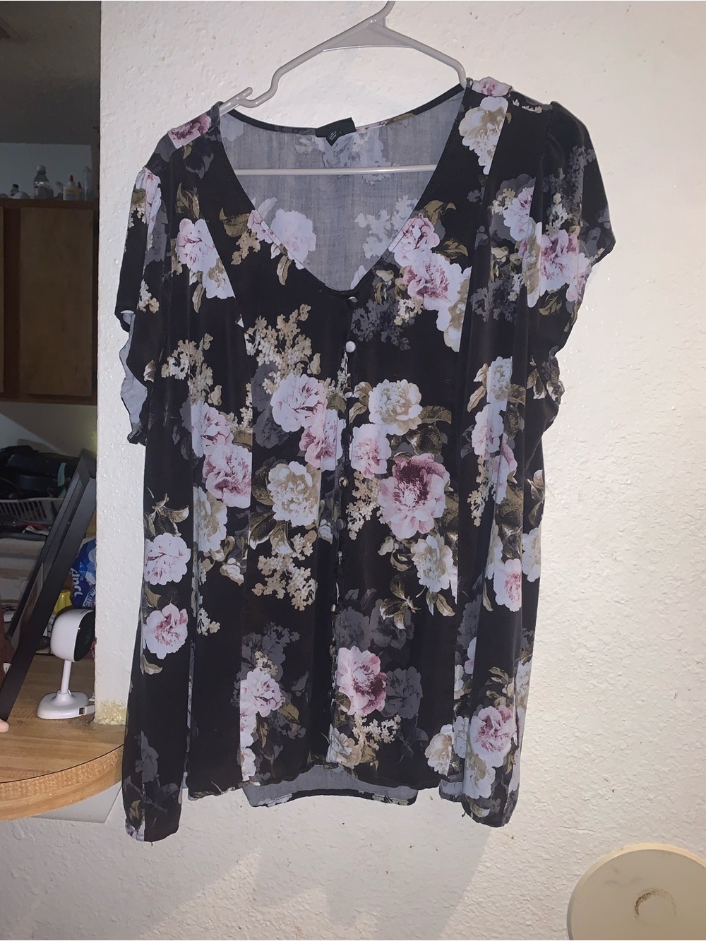 torrid Black Floral V-Neck Button-Front Blouse with Pink and Cream Flowers